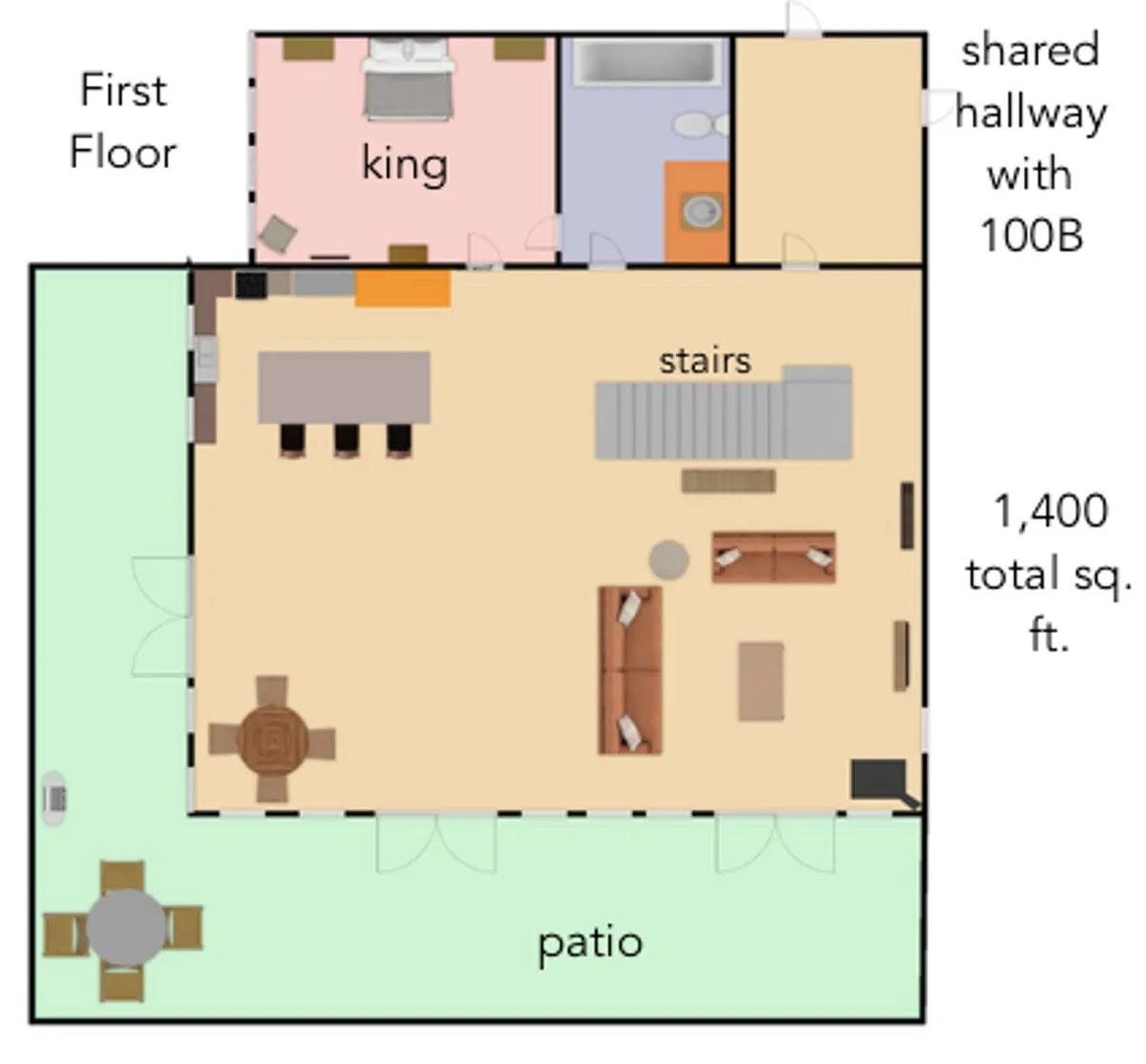 This image features a cozy, sunlit great room that seamlessly blends a comfortable living area, a dining table for six, and access to a patio through French doors. The scene suggests social activities such as dining, relaxing, and enjoying sunset views, with ample seating and soft natural light creating a welcoming atmosphere.