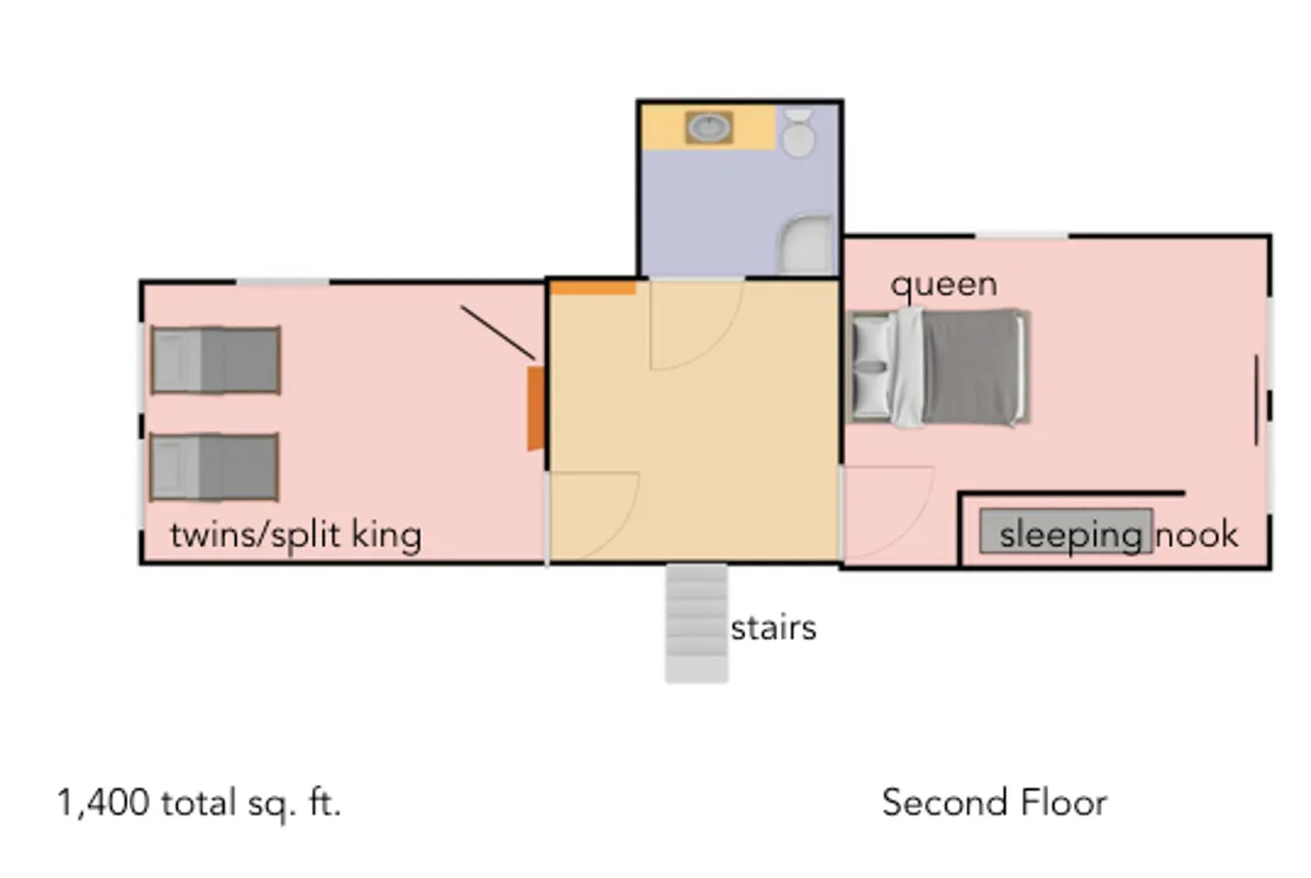 This interior image captures a versatile bedroom space with twin/split king beds, a queen bed, and a charming sleeping nook next to the stairs. The setting is family-friendly and inviting, showcasing comfortable bedding and a cozy nook ideal for children or quiet reading.